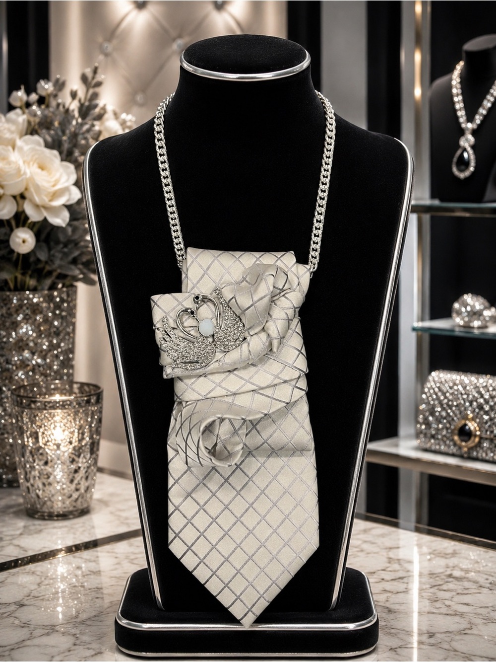 OOAK Silver Swan Rhinestone Handcrafted 100% Silk Wearable Art Tie Necklace NWOT